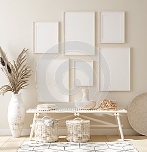 Mock up frame in home interior background, beige room with natural wooden furniture