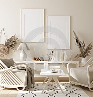 Mock up frame in home interior background, beige room with natural wooden furniture