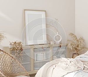 Mock up frame in home interior background, beige room with natural wooden furniture, Scandi-Boho style