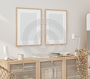 Mock up frame in home interior background, beige room with natural wooden furniture, Scandi-Boho style