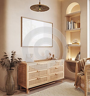 Mock up frame in home interior background, beige room with natural wooden furniture, Scandi Boho style