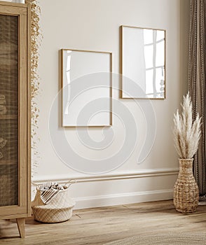 Mock up frame in home interior background, beige room with natural wooden furniture, Scandi Boho style