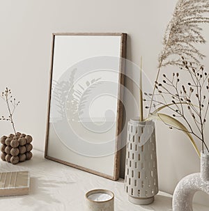 Mock up frame in home interior background, beige room with natural wooden furniture, Scandi Boho style