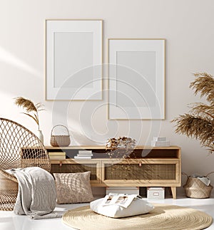 Mock up frame in home interior background, beige room with natural wooden furniture, Scandinavian style