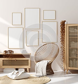 Mock up frame in home interior background, beige room with natural wooden furniture, Scandinavian style