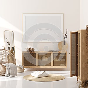 Mock up frame in home interior background, beige room with natural wooden furniture, Scandinavian style