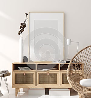 Mock up frame in home interior background, beige room with natural wooden furniture, Scandinavian style