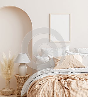 Mock up frame in home interior background, beige room with natural wooden furniture, Scandinavian style