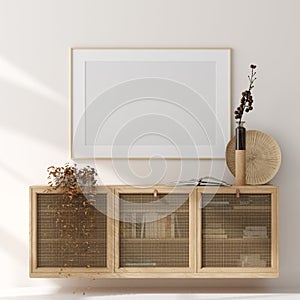 Mock up frame in home interior background, beige room with natural wooden furniture, Scandinavian style photo