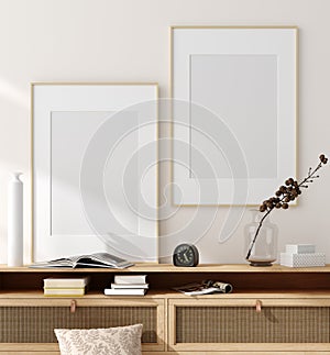 Mock up frame in home interior background, beige room with natural wooden furniture, Scandinavian style