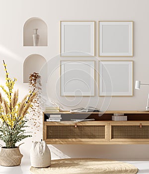 Mock up frame in home interior background, beige room with natural wooden furniture, Scandinavian style