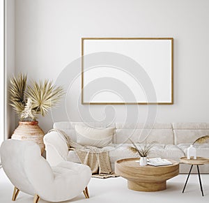 Mock up frame in home interior background, beige room in Scandi-Boho style