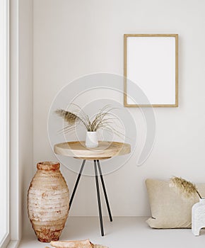 Mock up frame in home interior background, beige room in Scandi-Boho style