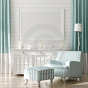 Mock up frame in home interior background, coastal style living room with marine decor.