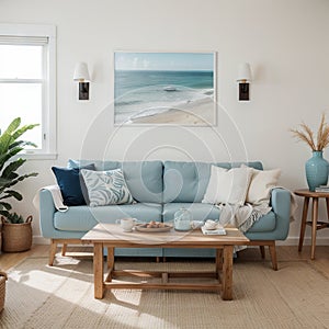 Mock up frame in home interior background coastal style living room with marine decor