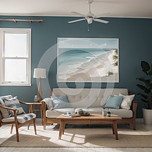 Mock up frame in home interior background coastal style living room with marine decor