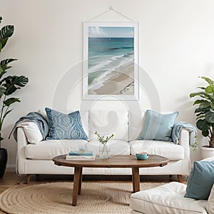 Mock up frame in home interior background coastal style living room with marine decor