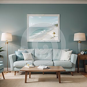 Mock up frame in home interior background coastal style living room with marine decor