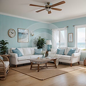 Mock up frame in home interior background coastal style living room with marine decor