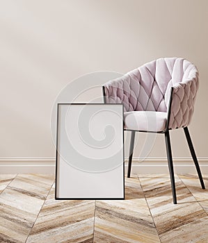 Mock up frame in home interior background, empty beige room with chair and frame