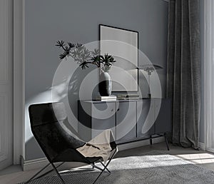 Mock up frame in home interior background, grey room with modern furniture, Scandinavian style