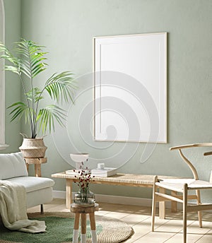 Mock up frame in home interior background, pastel green room with natural wooden furniture