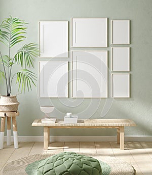 Mock up frame in home interior background, pastel green room with natural wooden furniture