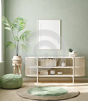 Mock up frame in home interior background, pastel green room with natural wooden furniture
