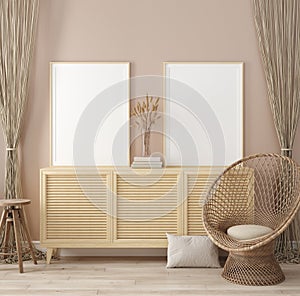 Mock up frame in home interior background, warm beige room with natural wooden furniture, Scandinavian style