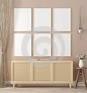 Mock up frame in home interior background, warm beige room with natural wooden furniture, Scandinavian style