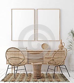 Mock up frame in home interior background, white room with natural wooden furniture, Scandi-Boho style