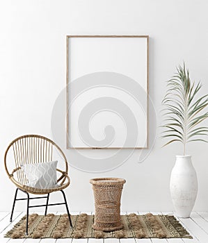 Mock up frame in home interior background, white room with natural wooden furniture, Scandi-Boho style