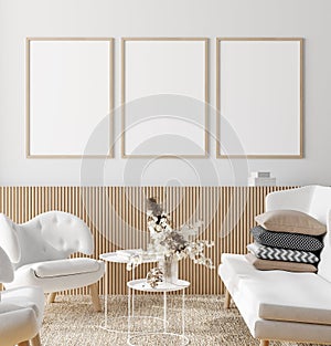 Mock up frame in home interior background, white room with natural wooden furniture, Scandi-Boho style