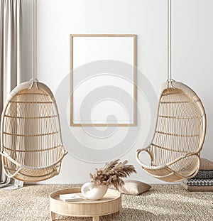 Mock up frame in home interior background, white room with natural wooden furniture, Scandi-Boho style