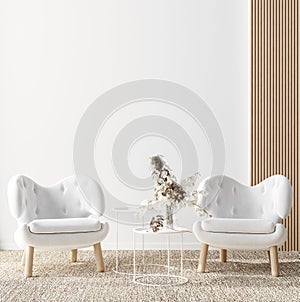 Mock up frame in home interior background, white room with natural wooden furniture, Scandi-Boho style