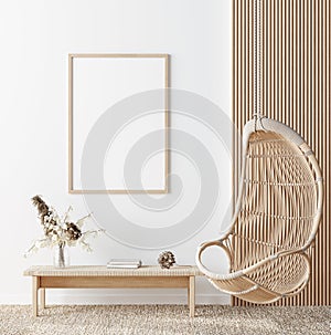 Mock up frame in home interior background, white room with natural wooden furniture, Scandi-Boho style