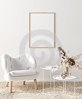 Mock up frame in home interior background, white room with natural wooden furniture, Scandi-Boho style