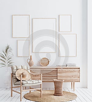 Mock up frame in home interior background, white room with natural wooden furniture, Scandi-Boho style