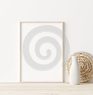 Mock up frame in home interior background, white room with natural wooden furniture, Scandi-Boho style