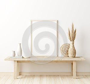 Mock up frame in home interior background, white room with natural wooden furniture, Scandi-Boho style