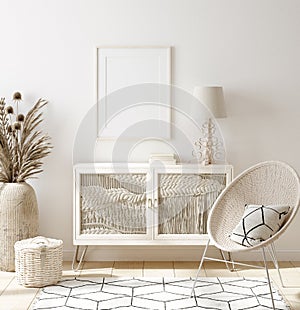 Mock up frame in home interior background, white room with natural wooden furniture, Scandi-Boho style