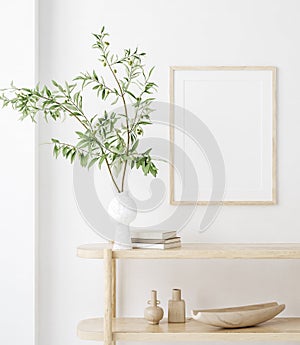 Mock up frame in home interior background, white room with natural wooden furniture, Scandi-Boho style