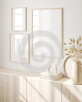 Mock up frame in home interior background, white room with natural wooden furniture, Scandi-Boho style