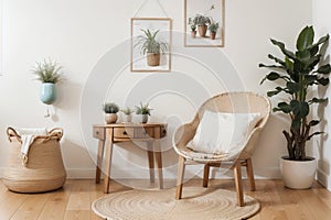 Mock up frame in home interior background, white room with natural wooden furniture, Scandi-Boho style,