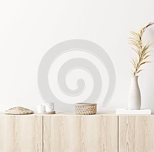 Mock up frame in home interior background, white room with natural wooden furniture, Scandi-Boho style photo