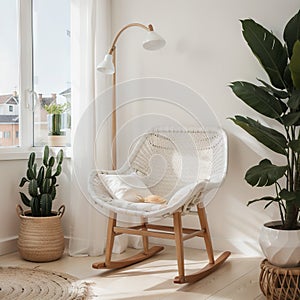 Mock up frame in home interior background, white room with natural wooden furniture, Scandi-Boho style,