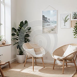 Mock up frame in home interior background, white room with natural wooden furniture, Scandi-Boho style,