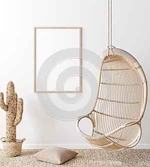 Mock up frame in home interior background, white room with natural wooden furniture, Scandi-Boho style