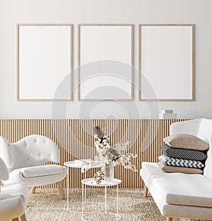 Mock up frame in home interior background, white room with natural wooden furniture, Scandi-Boho style photo