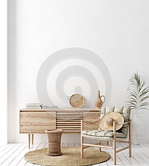 Mock up frame in home interior background, white room with natural wooden furniture, Scandi-Boho style